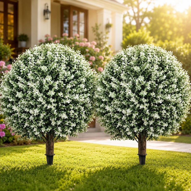 2PCS Artificial Boxwood Topiary Ball Tree, 24″Artificial Plants Outdoor with …