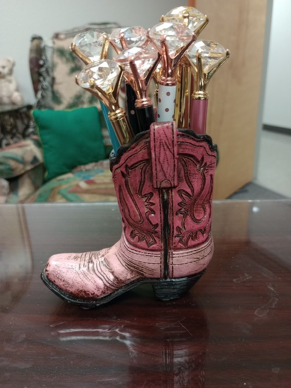 Pink Western Rustic Cowboy Cowgirl Hand Tooled Leather Look Boot Pen Holder gallery