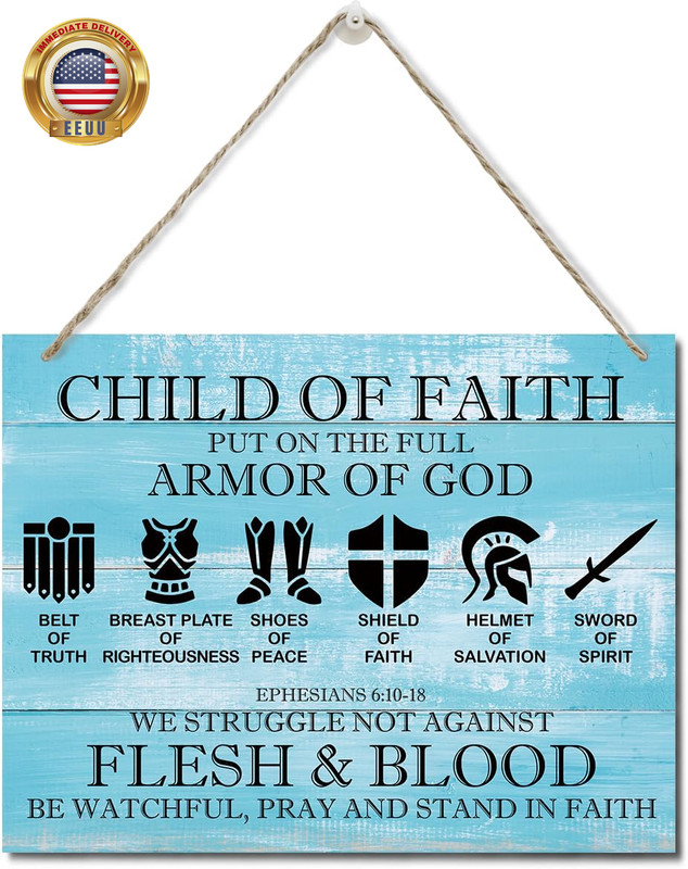 Printed Wood Plaque Sign Wall Hanging, Put on the Full Armor of God Quote Script