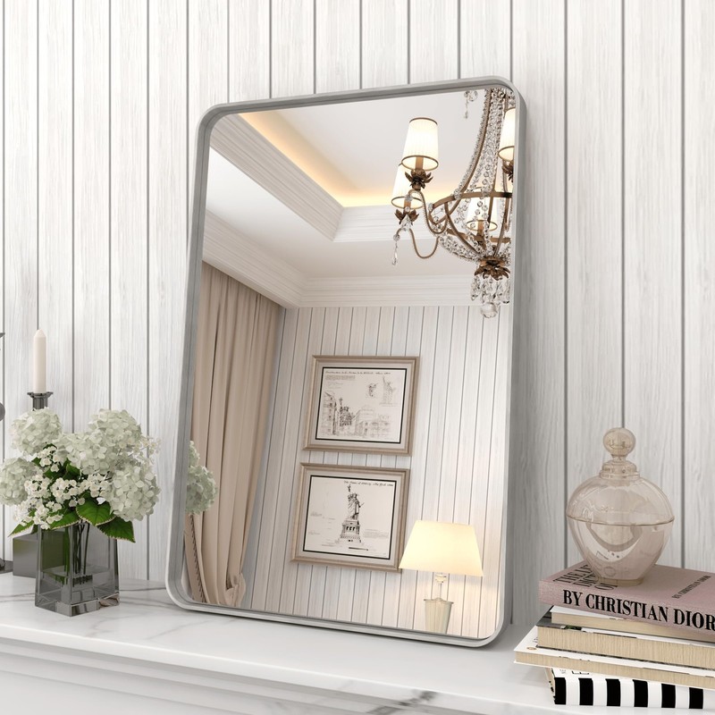CHARMOR 16×24″ Brushed Nickel Rounded Rectangle Bathroom Mirror Silver Metal Fra