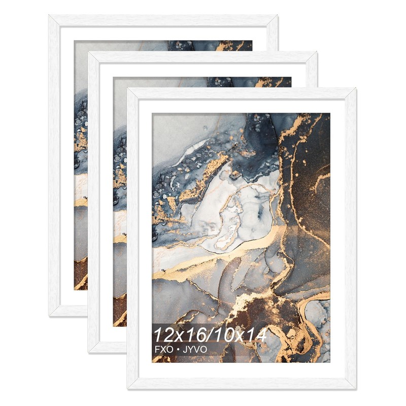 Set of 3 White Engineered Wood Frames 12×16, Display 10×14 with Mat or 12×16 Wit