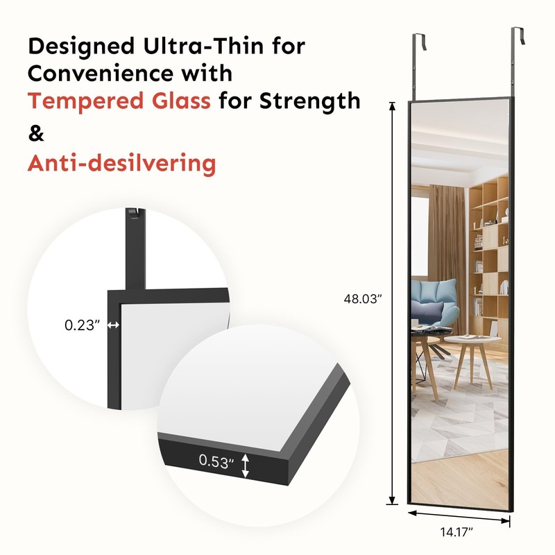 Kosmonia 48x14 Inch Full Length Tempered Glass Door 48"L x 14"W, Frame-black gallery