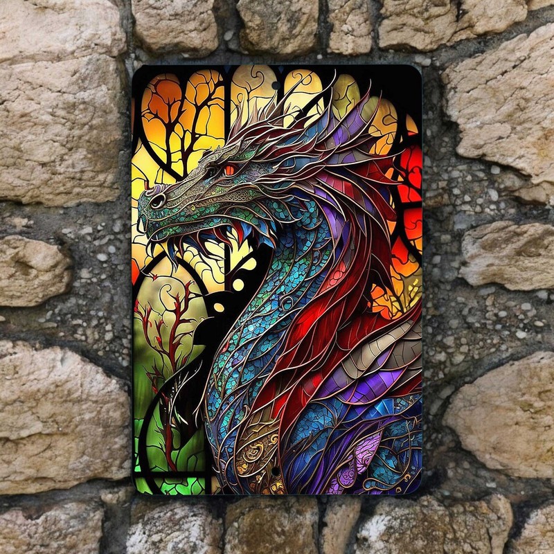 Dragon Metal Wall Sign – Stained Glass Look – Fantasy Wall Decor for Home