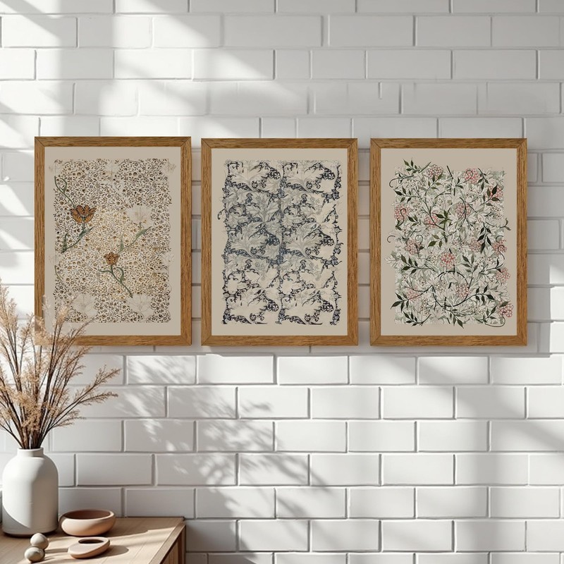 Krtoni 3PCS Framed Vintage William Morris Wall Art, Neutral Abstract Floral C... gallery