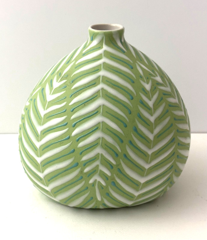 Crate & Barrel Tavira Leaf Vase Green and White with Enamel Leaves
