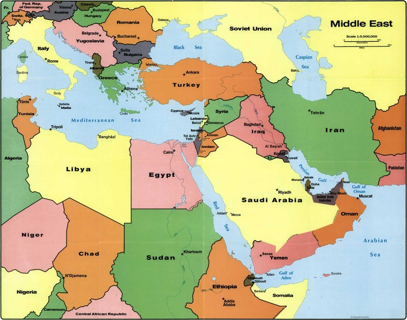 1990 Political Middle East CIA Map Poster with Capitals – Wall Art Print Decor