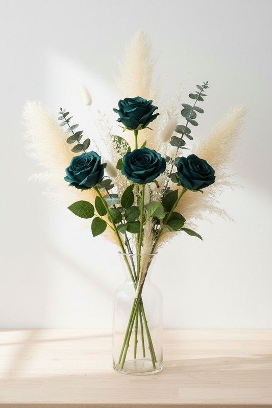 Set of 6 Dark Teal Green Artificial Rose Stems Peacock Teal Faux Roses Boho Wedd gallery