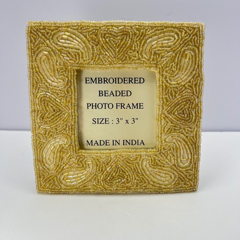 Vintage Gold Embroidered Beaded Photo Frame 3×3 Inside 6×6 Out Paisley Boho Gift