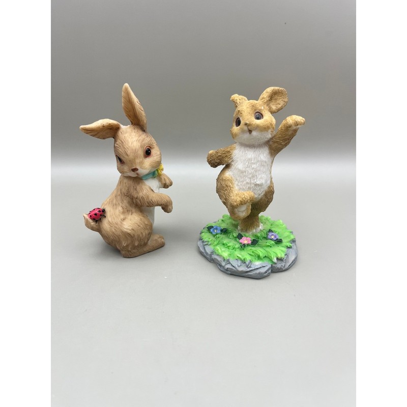 Vtg Style Resin Bunny Rabbit Figurines Ladybug Wildflower Set of 2 Decor 3.5″
