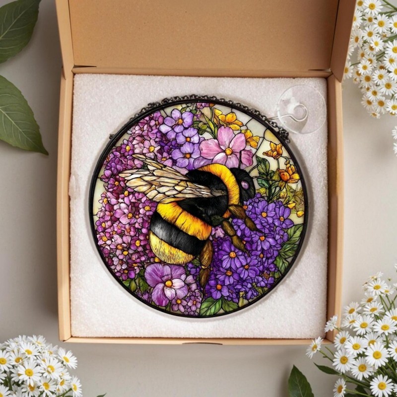 Bee Floral Glass Suncatcher, Bumblebee Flower Window Hanging, Purple Floral Gard gallery