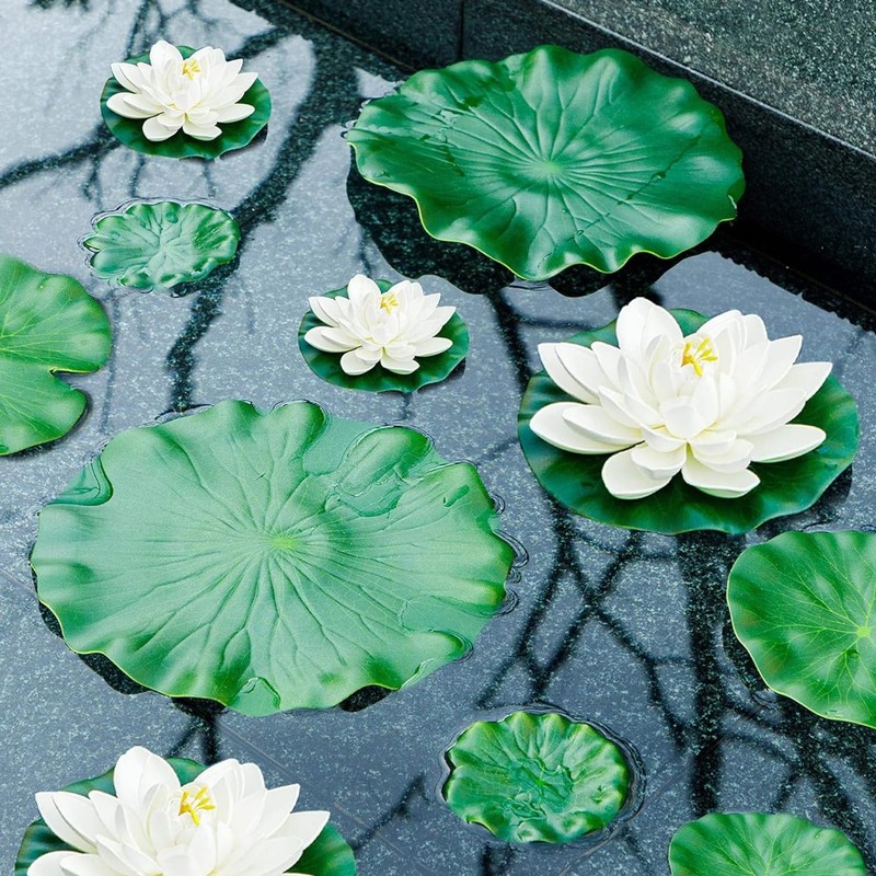 12pcs Floating Foam Lotus Flowers with Lily Pads, Artificial Pond Plants Orna... gallery