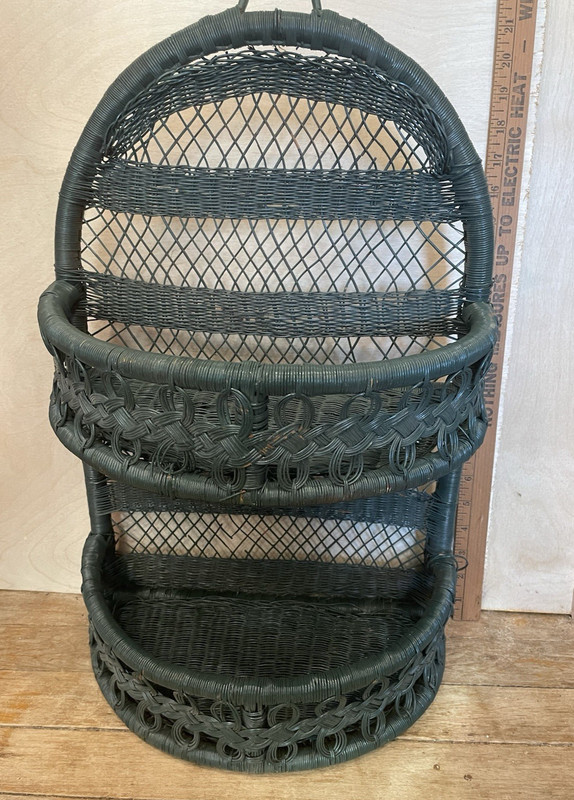Vintage 21 inch Forest Green 2-Tier Shelf Hanging Half Round Rattan Wicker