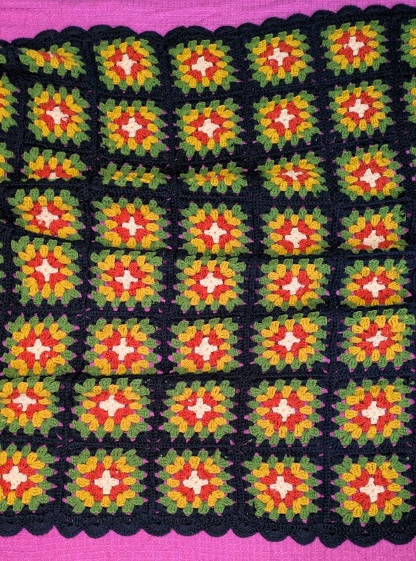 Handmade Granny Square Crochet Afghan Blanket Blue Green Orange Tan White 65x50 gallery