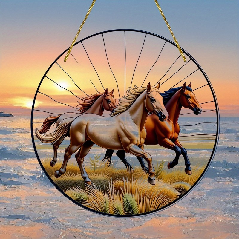 Three Galloping Wild Horses Sunset Grassland Acrylic Suncatcher Wall Decoration