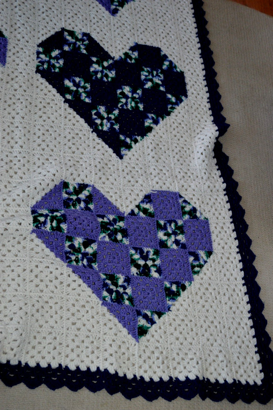 GRANNY SQUARE CROCHET AFGHAN BLANKET HEARTS COBALT BLUE WHITE PURPLE GREEN 64X90 gallery