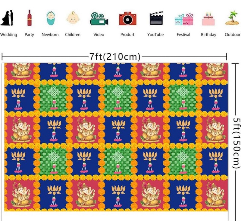 SATVIK 8x5ft. Fabric Backdrop for Ganpati Pooja Pujan Décor Puja Cloth Backdrop