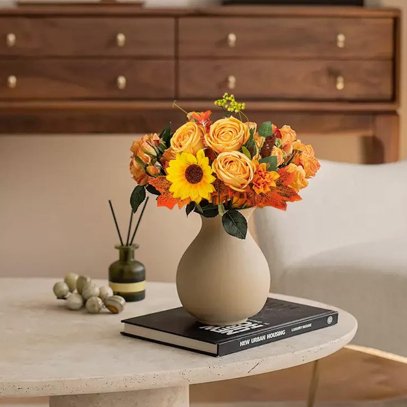 4 PCS Fall Golden Artificial Faux Silk Rose Sunflower Bouquet Centerpieces gallery
