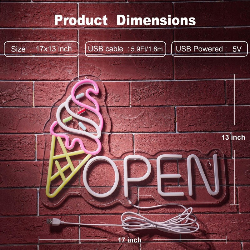Ice Cream Open Neon Sign for Wall Décor Dimmable Business Store Drink Shop gallery