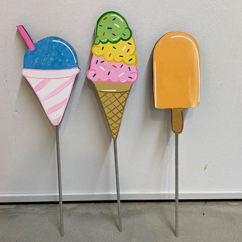Summer Ice Cream Cone, Snow Cone & Ice Cream Bar Wood Outdoor Plant Poke, Garden