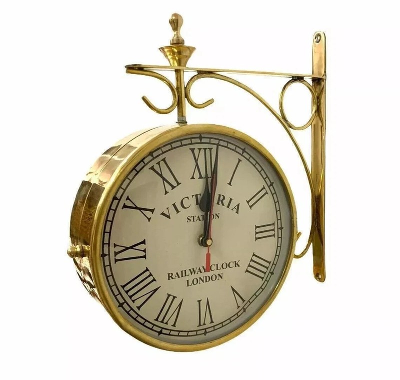 8" Station Clock Wall Clock Home decor Handmade Shinny Brass Double Sided gallery