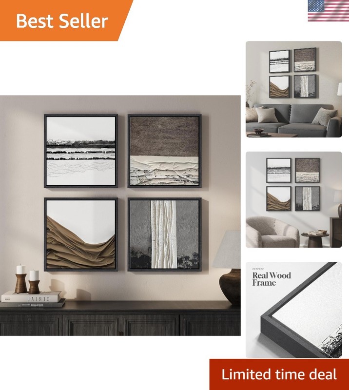 Framed Abstract Neutral Wall Art Set of 4, Modern Brown White Gray Canvas Pri...