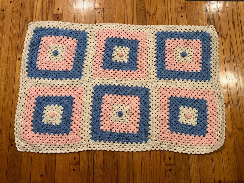 Beautiful Handmade Crochet Pink Blue & White Square Design Lap Blanket 3 x 4′