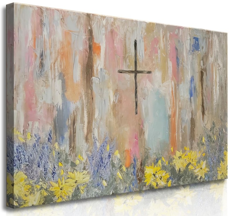 Framed Cross Flower Wall Art Christian Floral Oil Painting Canvas Prints Abst…