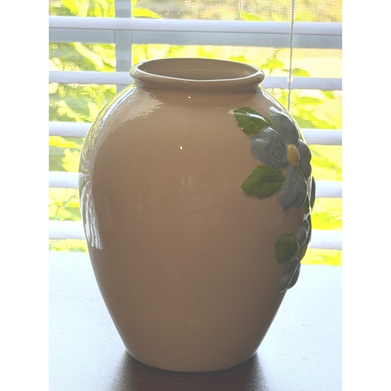 Vintage Hand Painted Blue Floral Relief Ceramic Vase Cream 7.5" Cottagecore gallery