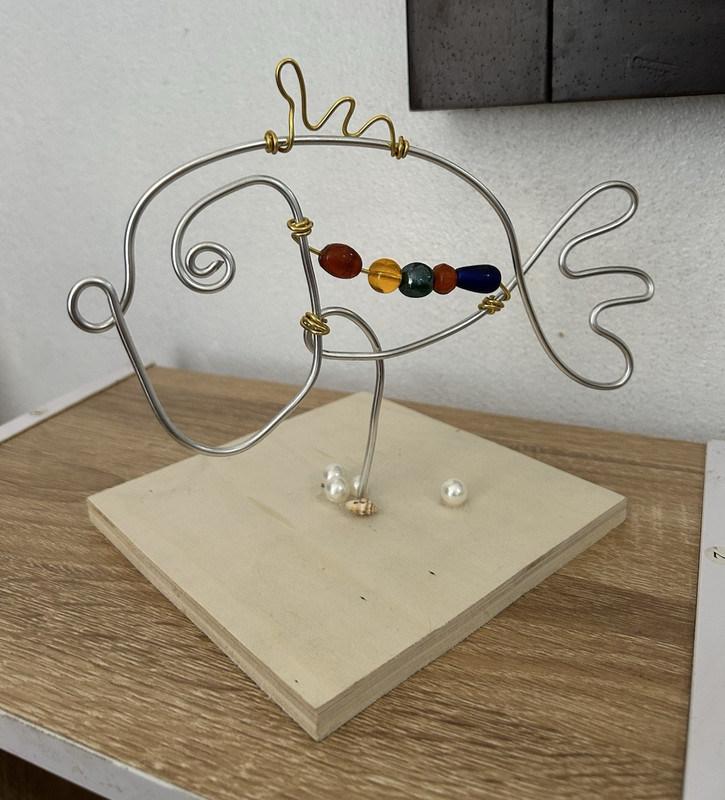 Metal Wire Fish Sculpture Figurine w/ Colored Beads on Wood Base, Sea Life