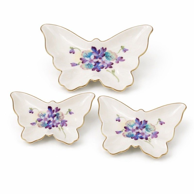 Vintage Porcelain Butterfly Trinket Dishes Set 3 Floral Gold Trim Japan Vanity