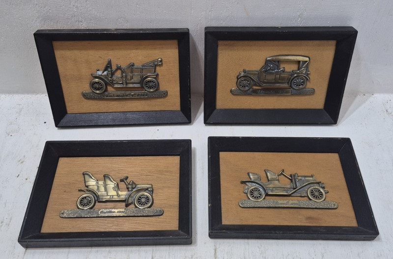 4 Vintage MCM Wooden Framed Plaques Brass Classic Cars Wall Decor Set Lot Ford+