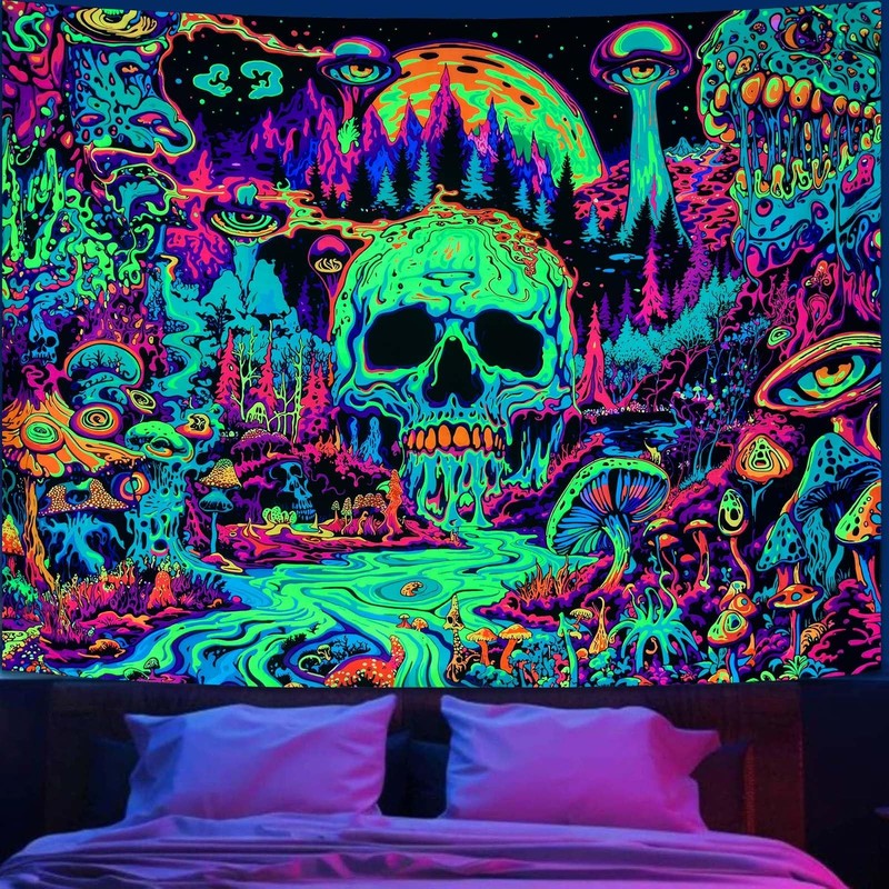 UV Reactive Blacklight Tapestry Hippie Skull Mushroom Trippy Neon Art 48x36 gallery
