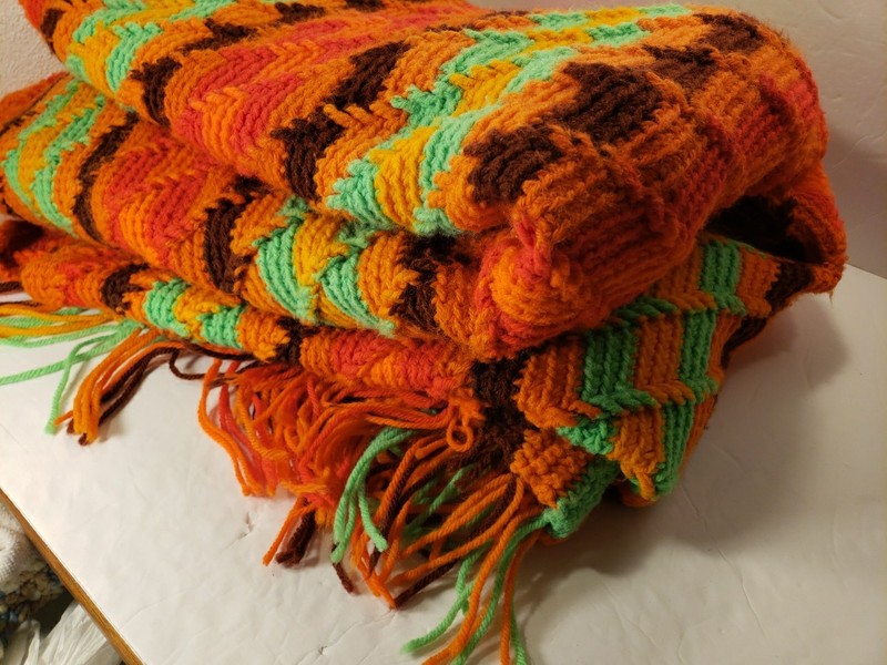 VTG 60s 70s Retro Groovy Knit Zigzag Afghan Bed/Couch Runner Fringe Neon 82x58 gallery
