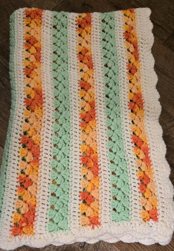 Handmade 38 1/2in x 53in Crochet Afghan – White, Green, Yellow, Orange EUC…