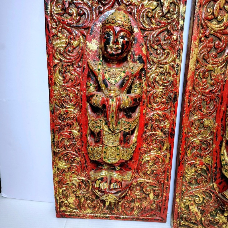 Vintage Thai Burmese Hand Carved Wood Buddha Wall Panels Set of 2 Red Gold 24x12 gallery