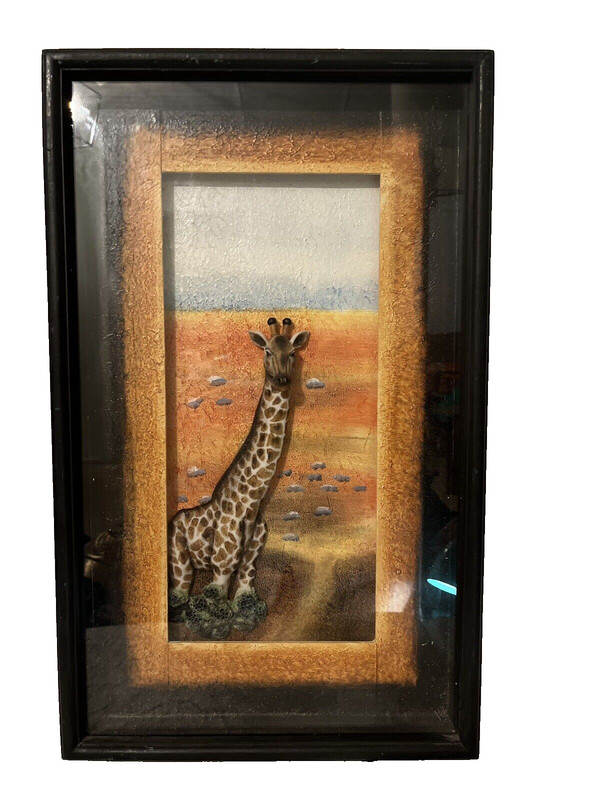 UNIQUE Giraffe At Dusk Art VTG Rustic Primitive Metal HEAVY Shadowbox Picture.