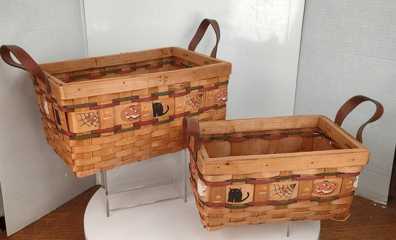 Halloween Set 2/ 12"x8"x6" & 9.5" x 6"x5" Leather Handle Painted Design Baskets gallery