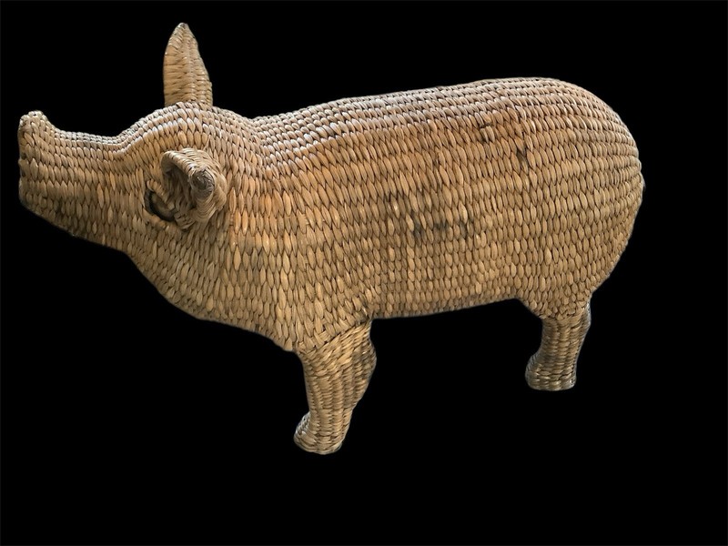 RARE Lg 26 “ Mario Lopez Torres Wicker Pig Sculpture Mexican Folk Art MCM signed