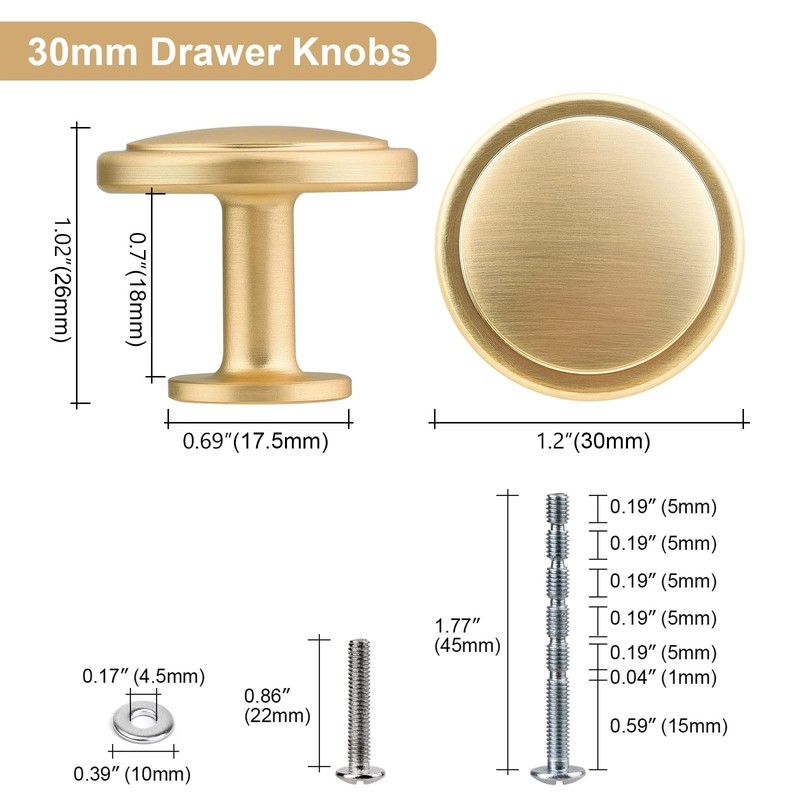 WEAVERBIRD 10 Pack Round Knobs, 30mm/1.2" Brushed Gold Zinc Alloy Modern Cabi... gallery
