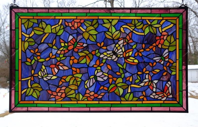 34″ x 20″ Tiffany Style stained glass window panel Butterfly Flower, HF314