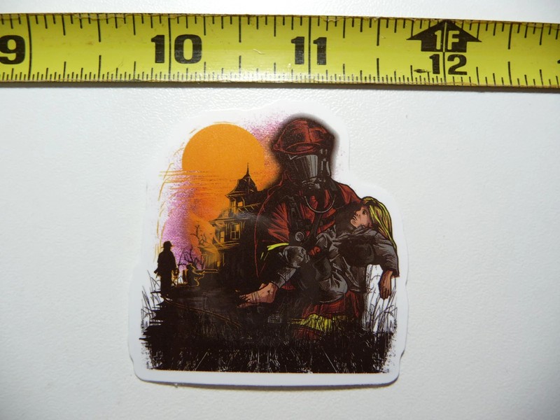 HERO FIREFIGHTER CARRYING CHILD FROM HOUSE SMALL STICKER DECAL JOB WORK