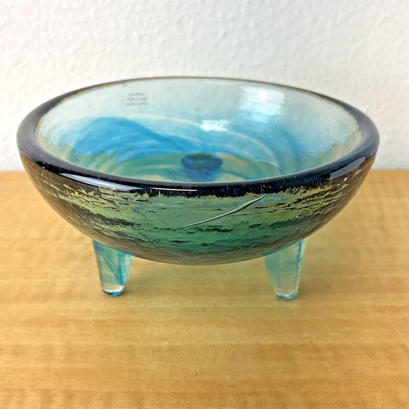 Art Glass Trinket Dish textured Vintage blues swirls three feet hand made