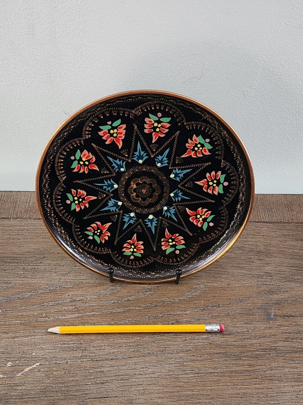 Vintage Turkish Copper Wall Plate Hand Painted Floral Black Enamel 8.5" gallery