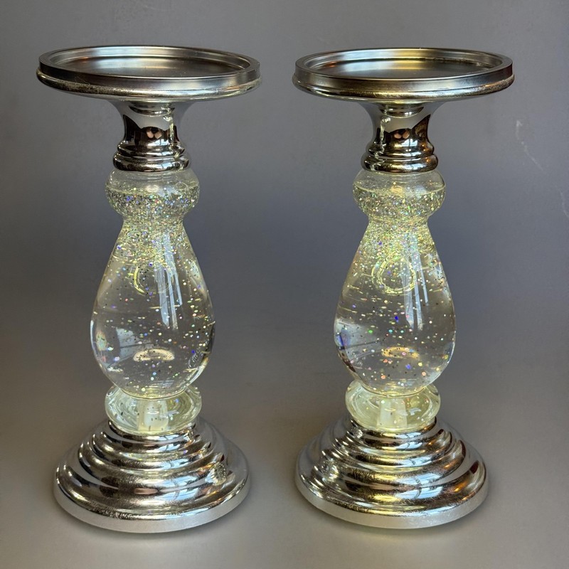 Bath & Body Works Candle Holders (2) 3 Wick Silver Swirling Glitter Pedestals gallery