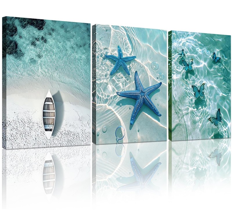 Blue Ocean Canvas Wall Art Coastal Starfish Painting Prints Beach Nature Pict…