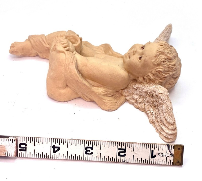Sitting Cherub Angel With Wings Shelf Sitter Ivory Finish Brown Glass Eyes gallery