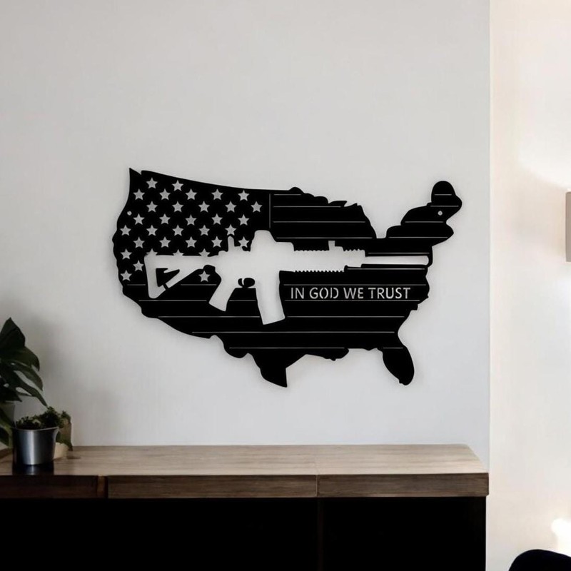 American Flag Gun Metal Wall Art, AR-15 Patriotic Veteran Decor
