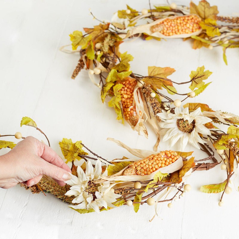 60" Artificial Autumn White Sunflower and Corn Garland gallery