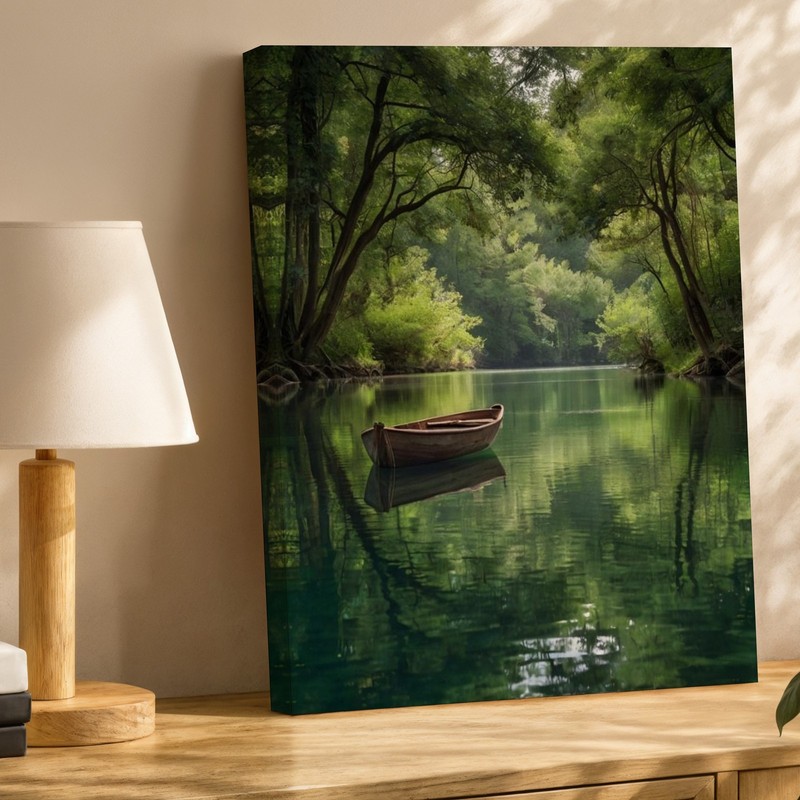 Serene River Landscape Canvas Art With Wooden Boat And Lush Green Trees Print gallery