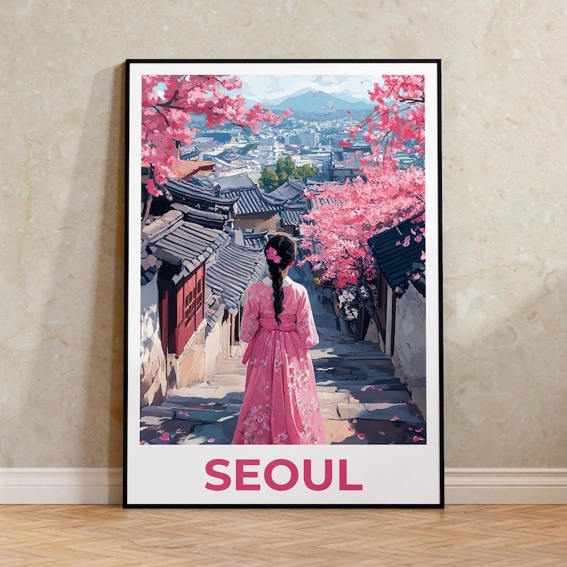 Seoul Travel Print, South Korea Poster, Seoul City Wall Art, Hanbok Illustration